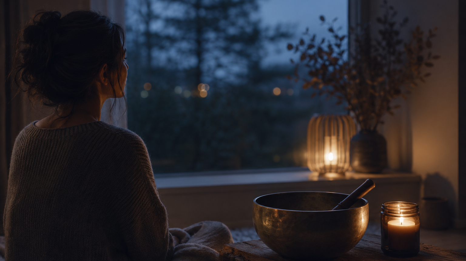 Woman sitting quietly at night beside a bronze singing bowl and candle, illustrating the need for a stable sound signal when silence feels restless.
