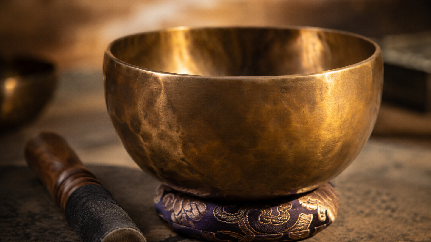 Close-up of a hand-forged bronze singing bowl with mallet and cushion, illustrating how sustain, resonance and craftsmanship reveal quality.