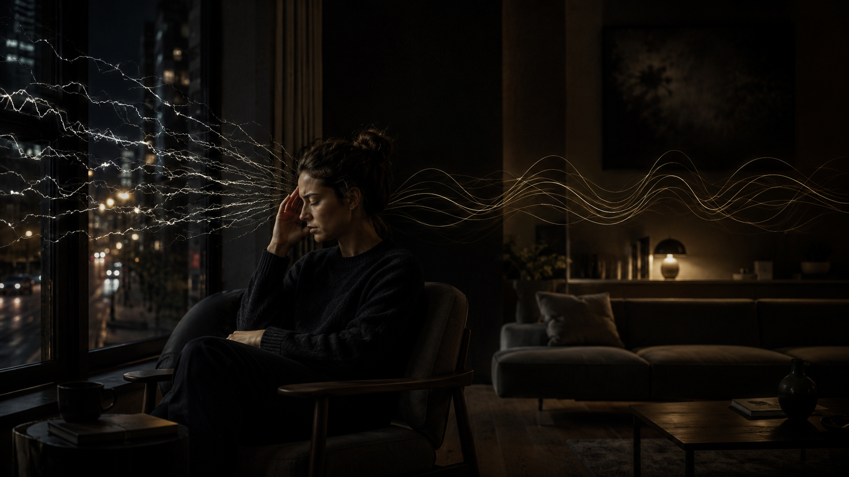 Person sitting in a dim room while fragmented sound from the outside contrasts with calmer structured waves, illustrating how certain sounds disturb the body.