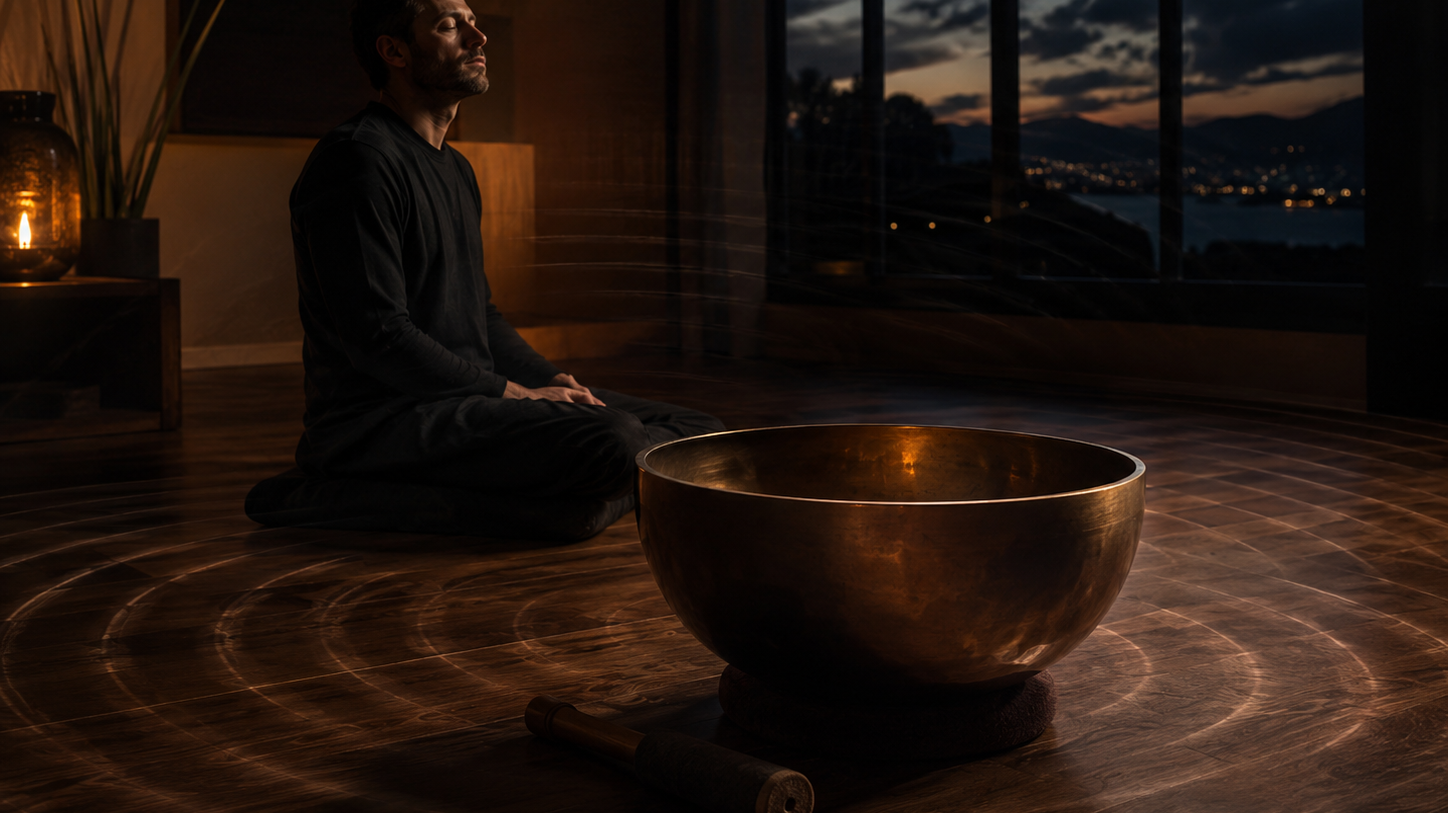 Large bronze singing bowl in a dim room with subtle resonance waves across the floor, illustrating how low frequencies can feel physical in the body.