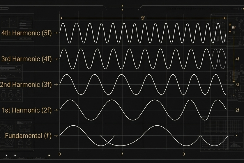 Diagram of harmonic structure in a singing bowl showing fundamental frequency and harmonic multiples.