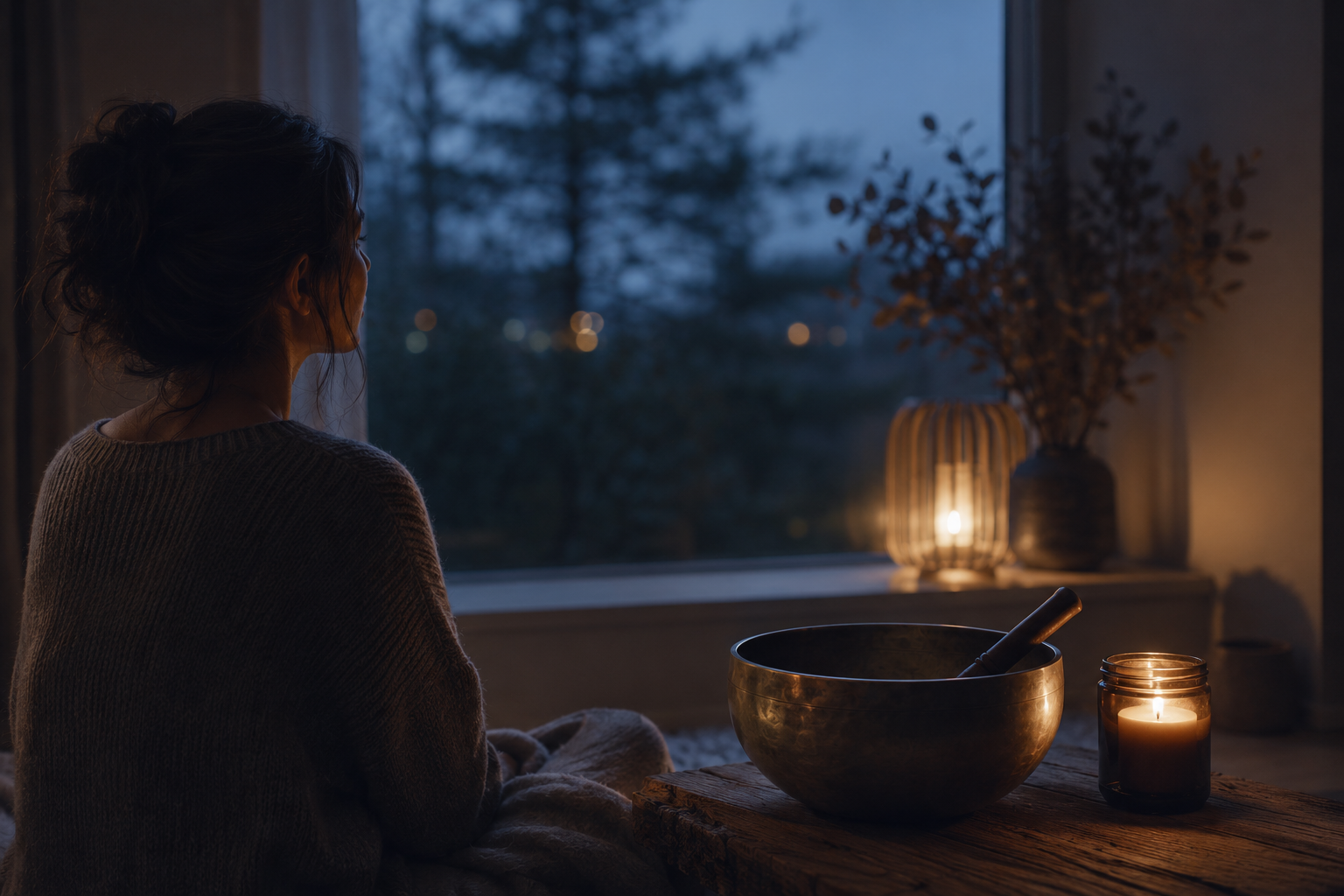 Woman sitting quietly at night beside a bronze singing bowl and candle, illustrating the need for a stable sound signal when silence feels restless.