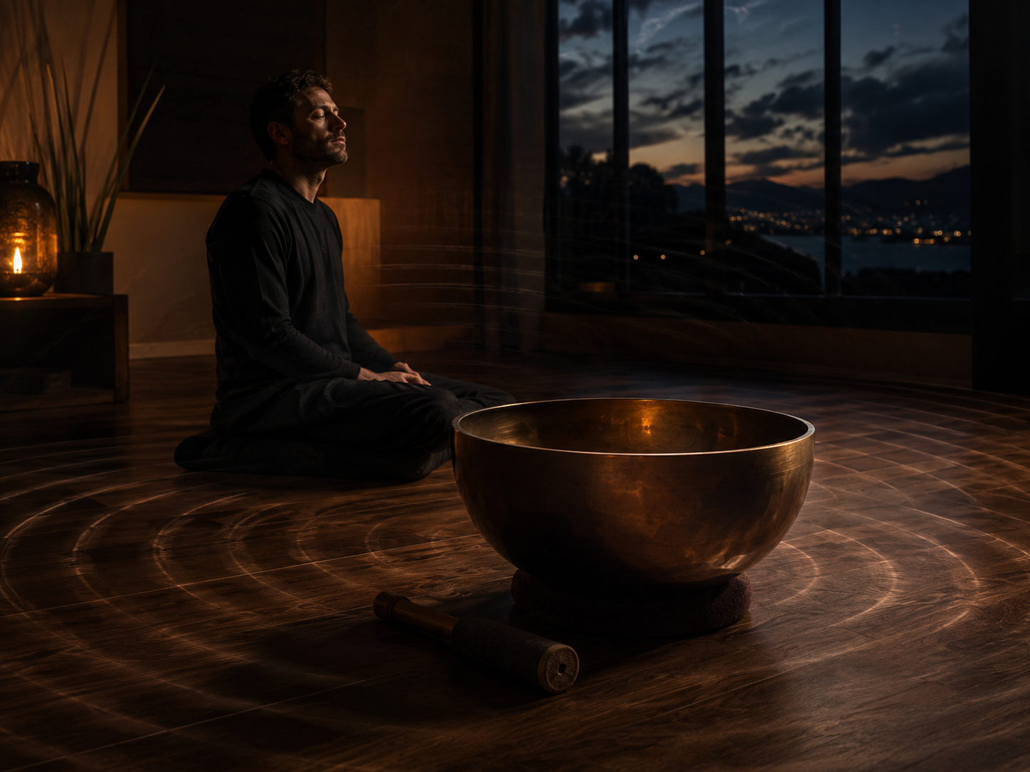 Large bronze singing bowl in a dim room with subtle resonance waves across the floor, illustrating how low frequencies can feel physical in the body.