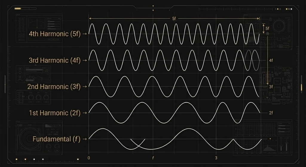 Diagram of harmonic structure in a singing bowl showing fundamental frequency and harmonic multiples.